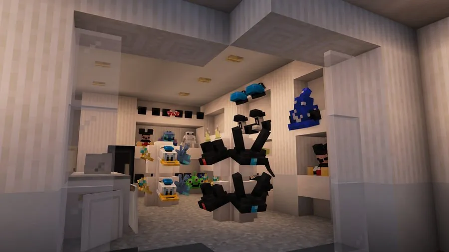 Merchandise shop interior with Disney character plushes and ear hats