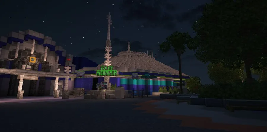 Space Mountain exterior at night in Minecraft