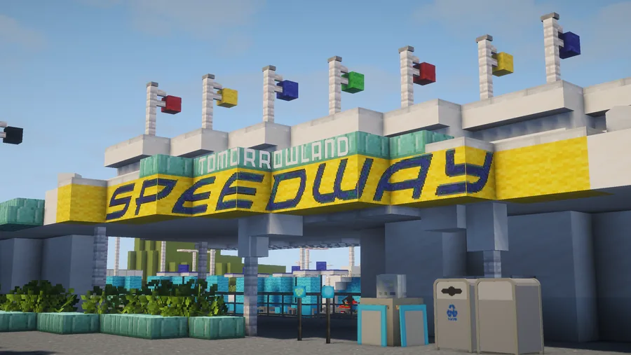 Tomorrowland Speedway entrance marquee over the Grand Prix track in Minecraft
