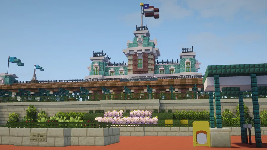 The Victorian Walt Disney World Railroad station above Town Square in Minecraft