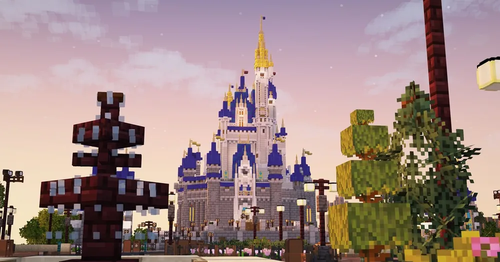 Cinderella Castle recreation in Minecraft with the Partners Statue in the foreground