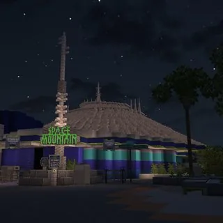 Space Mountain exterior at night in Minecraft